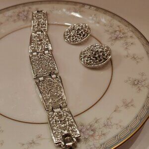 VTG Sarah Coventry Bracelet Earrings Lace Silver Panel Filigree Link 50s Set